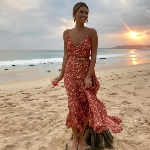 Image of Meihuida 2019 Women's Boho Maxi Dress Girls Summer Spaghetti Strap Sweet Dot Long Dress Ladies Beach Sundress Vestido De Mujer
