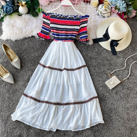 Image of New Sexy Strapless White Dress V-neck Padded Stretchy Back Women Summer Off-shoulder Fairy Mini Vestidos hollow lace V-neck back