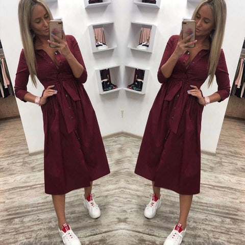 Image of Women Casual Sashes a Line Party Dress Ladies Button Turn Down Collar OL Style Shirt Dress 2019 Summer Solid Knee Dress