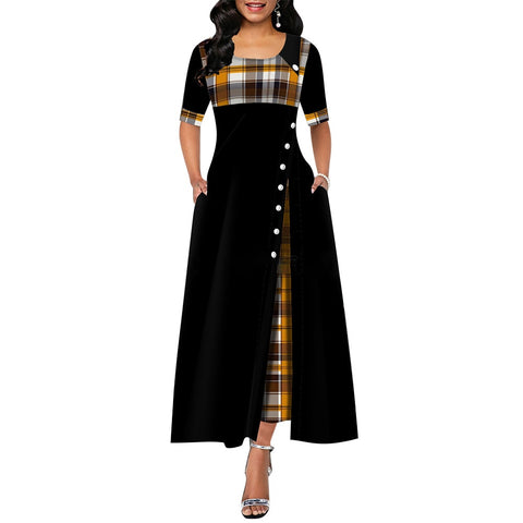 Image of Elegante Lange Kleid Frauen frühling Plaid Druck Party Kleid Unregelmäßigen Vintage Kleider Damen Taste A-Line 2020 Neue mode Kleid