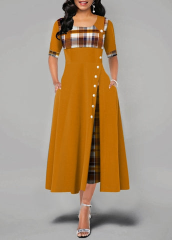 Image of Elegante Lange Kleid Frauen frühling Plaid Druck Party Kleid Unregelmäßigen Vintage Kleider Damen Taste A-Line 2020 Neue mode Kleid