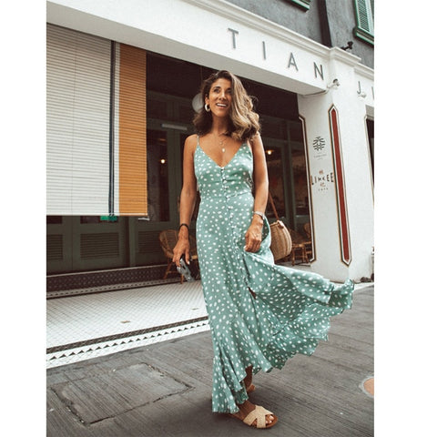 Image of Meihuida 2019 Women's  Boho Maxi Dress Girls Summer Spaghetti Strap Sweet Dot Long Dress Ladies Beach Sundress Vestido De Mujer