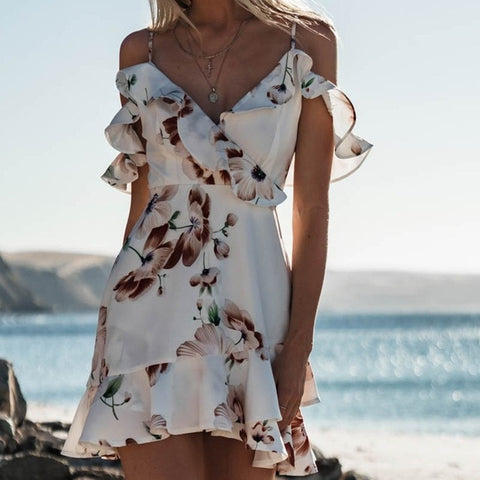 Image of Boho Summer Dress Women Sexy Strappy Lace White Mini Dresses Female Ladies Beach V Neck Party Sundress Black Yellow Pink