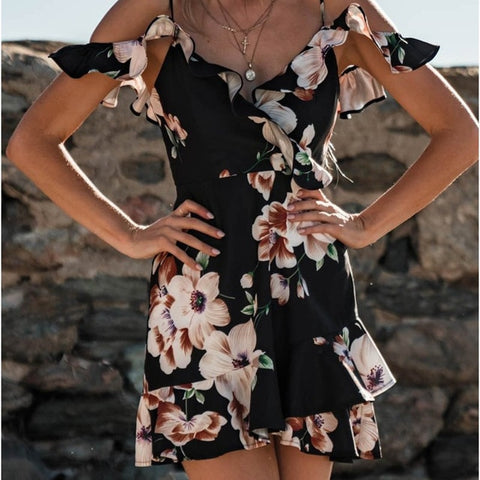 Image of Boho Summer Dress Women Sexy Strappy Lace White Mini Dresses Female Ladies Beach V Neck Party Sundress Black Yellow Pink