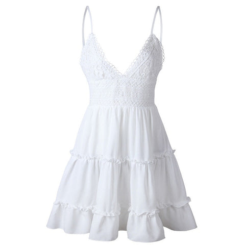 Image of Boho Summer Dress Women Sexy Strappy Lace White Mini Dresses Female Ladies Beach V Neck Party Sundress Black Yellow Pink