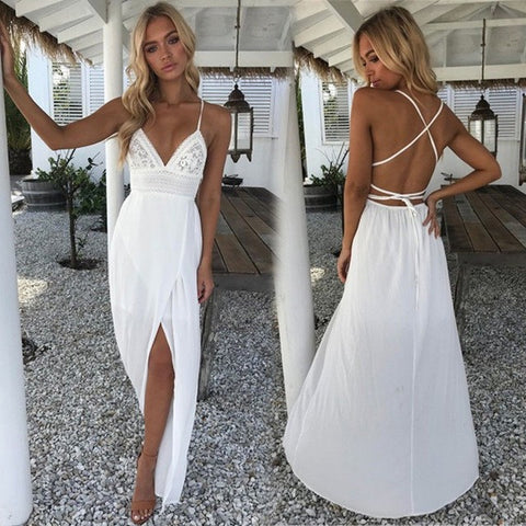 Image of Boho Summer Dress Women Sexy Strappy Lace White Mini Dresses Female Ladies Beach V Neck Party Sundress Black Yellow Pink