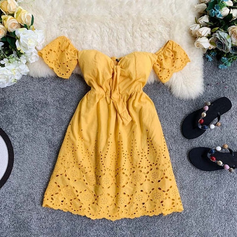 Image of New Sexy Strapless White Dress V-neck Padded Stretchy Back Women Summer Off-shoulder Fairy Mini Vestidos hollow lace V-neck back