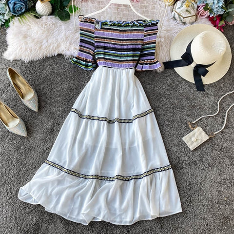Image of New Sexy Strapless White Dress V-neck Padded Stretchy Back Women Summer Off-shoulder Fairy Mini Vestidos hollow lace V-neck back