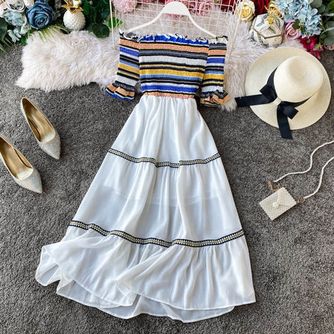 Image of New Sexy Strapless White Dress V-neck Padded Stretchy Back Women Summer Off-shoulder Fairy Mini Vestidos hollow lace V-neck back