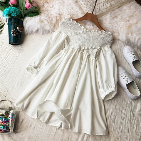 Image of New Sexy Strapless White Dress V-neck Padded Stretchy Back Women Summer Off-shoulder Fairy Mini Vestidos hollow lace V-neck back