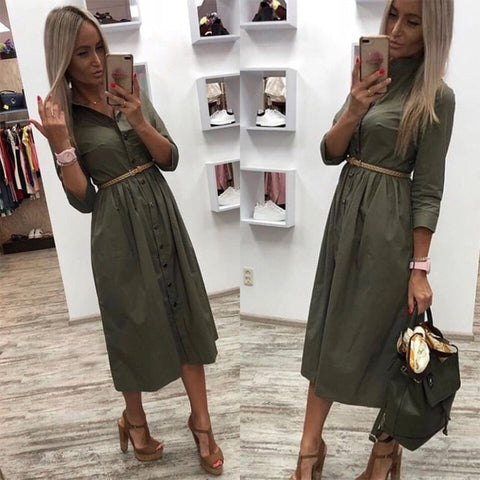 Image of Women Casual Sashes a Line Party Dress Ladies Button Turn Down Collar OL Style Shirt Dress 2019 Summer Solid Knee Dress
