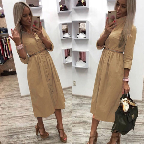 Image of Women Casual Sashes a Line Party Dress Ladies Button Turn Down Collar OL Style Shirt Dress 2019 Summer Solid Knee Dress