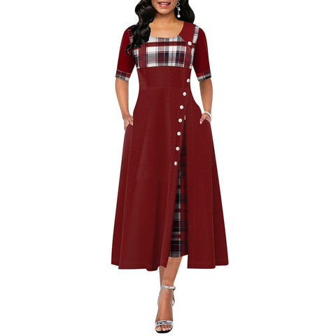 Image of Elegante Lange Kleid Frauen frühling Plaid Druck Party Kleid Unregelmäßigen Vintage Kleider Damen Taste A-Line 2020 Neue mode Kleid