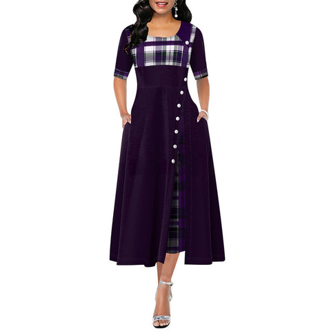 Image of Elegante Lange Kleid Frauen frühling Plaid Druck Party Kleid Unregelmäßigen Vintage Kleider Damen Taste A-Line 2020 Neue mode Kleid